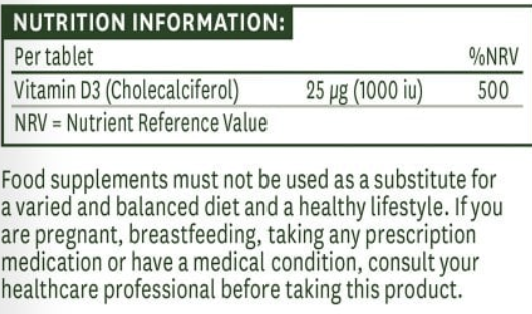 Nutrition information label for a vitamin D3 supplement with text and numbers.