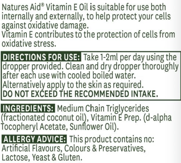Natures Aid Vitamin E Oil label with directions, ingredients, and allergy advice.