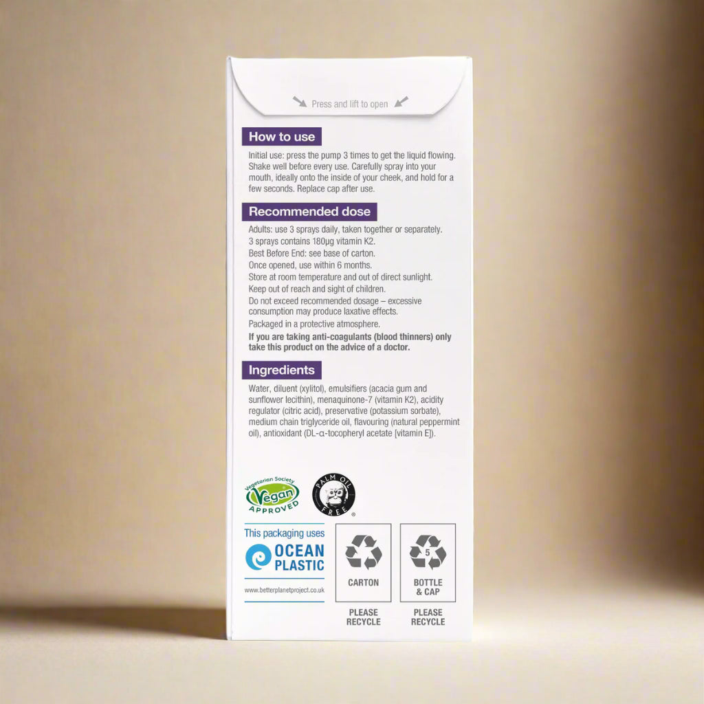 Daily oral spray with 180mcg Vitamin K2 in micro-droplet form
