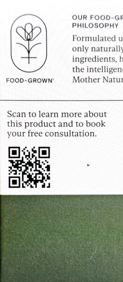 Back cover of a book or booklet titled FOOD-GROWN, with partial product philosophy text, a QR code, and a large green textured lower section.