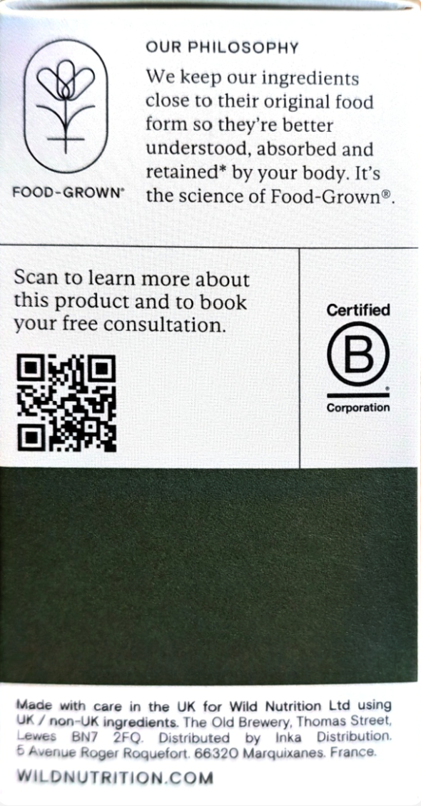 The back of a Food-Grown supplement bottle showing the 'Our Philosophy' section, a QR code, a B Corporation certification logo, and manufacturing details.