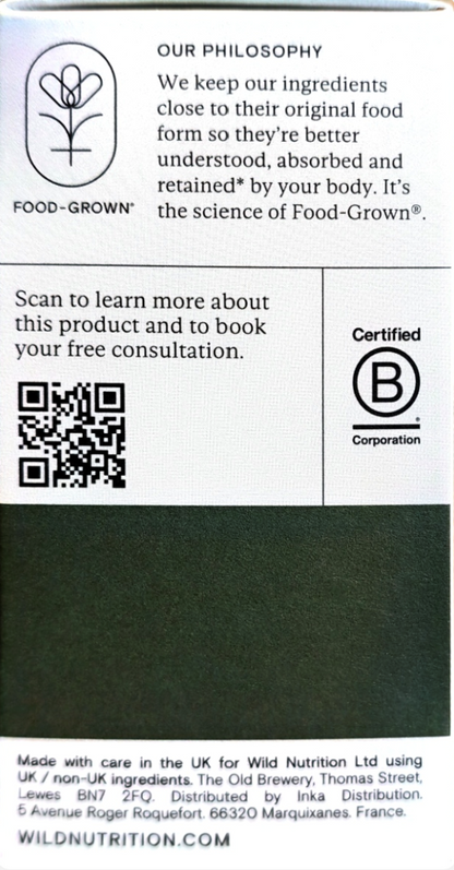 The back of a Food-Grown supplement bottle showing the 'Our Philosophy' section, a QR code, a B Corporation certification logo, and manufacturing details.