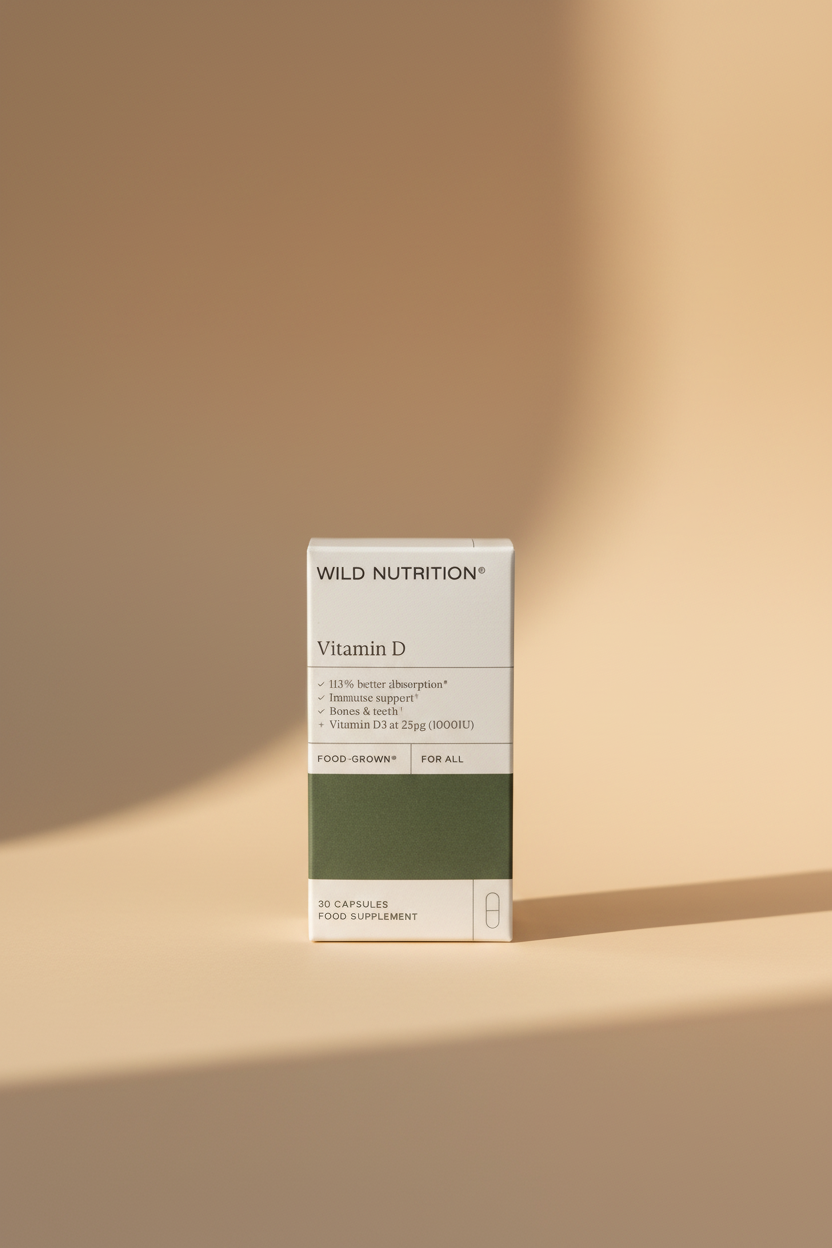 Wild Nutrition Vitamin D supplement box in white and dark green packaging, photographed on a wooden tabletop.
