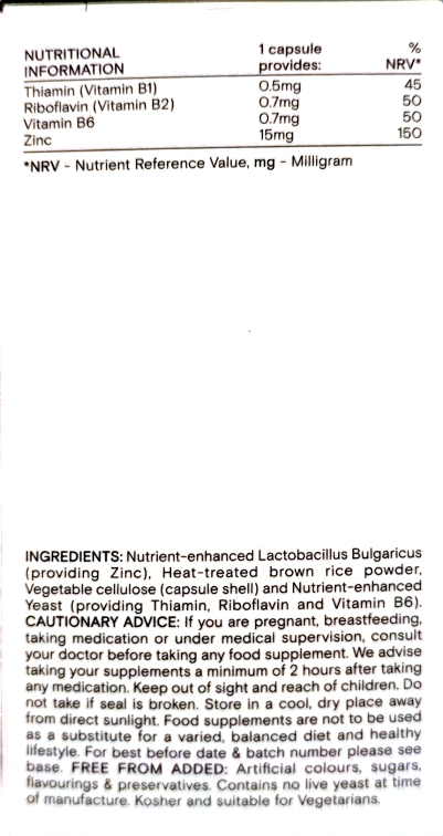 A printed supplement facts panel for a Lactobacillus bulgaricus product, showing nutritional information and ingredients on a white background.