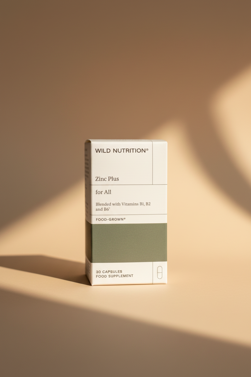 A hand holding a box of Wild Nutrition Zinc Plus food supplement. The packaging is white with a dark green band at the bottom and black text.