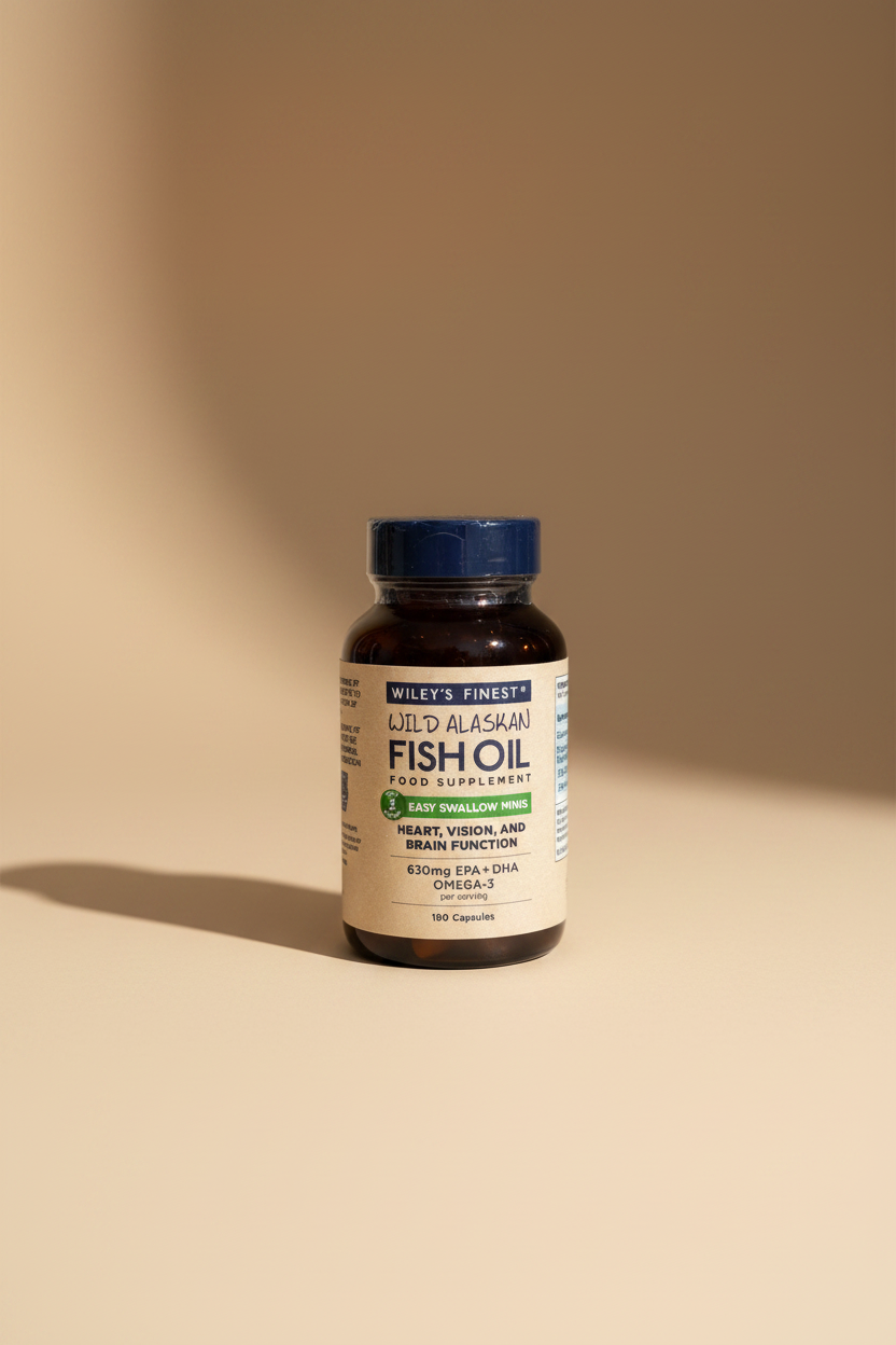 A bottle of Wiley's Finest Wild Alaskan Fish Oil food supplement, containing 180 capsules, with a beige label and dark amber bottle on a wooden surface.