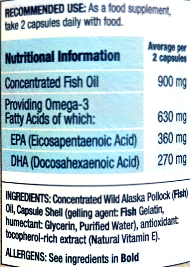 Close-up of a supplement label showing recommended use and nutritional information for concentrated fish oil, including omega-3 fatty acids and ingredients text.