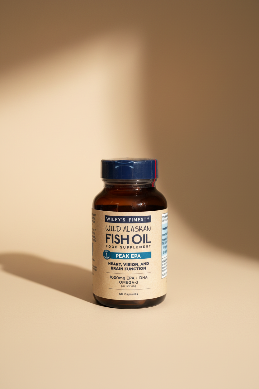 A bottle of Wiley's Finest Wild Alaskan Fish Oil Food Supplement with a brown amber bottle, blue cap, and beige label, photographed on a wooden surface.