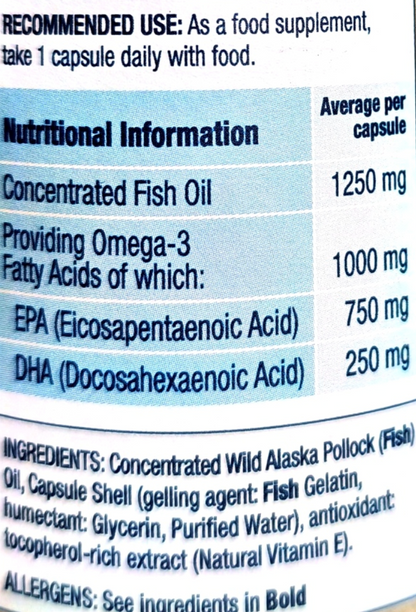Close-up of a supplement label showing nutritional information and recommended use for a fish oil product.