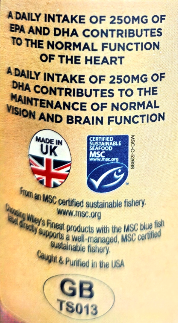 Close-up of the back of a packaged food product showing black text on a beige background, including claims about EPA, DHA, and MSC certification logos.