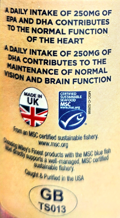 Close-up of the back of a packaged food product showing black text on a beige background, including claims about EPA, DHA, and MSC certification logos.