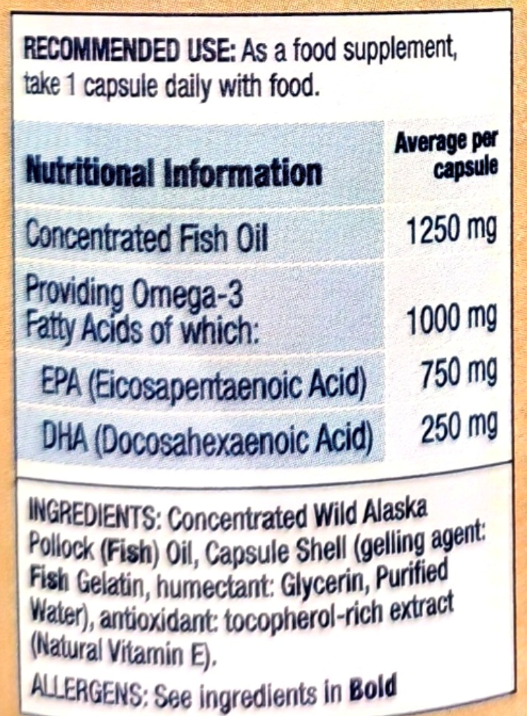 Close-up of a supplement label showing recommended use and nutritional information for concentrated fish oil, including EPA 750 mg and DHA 250 mg, with ingredients listed below.