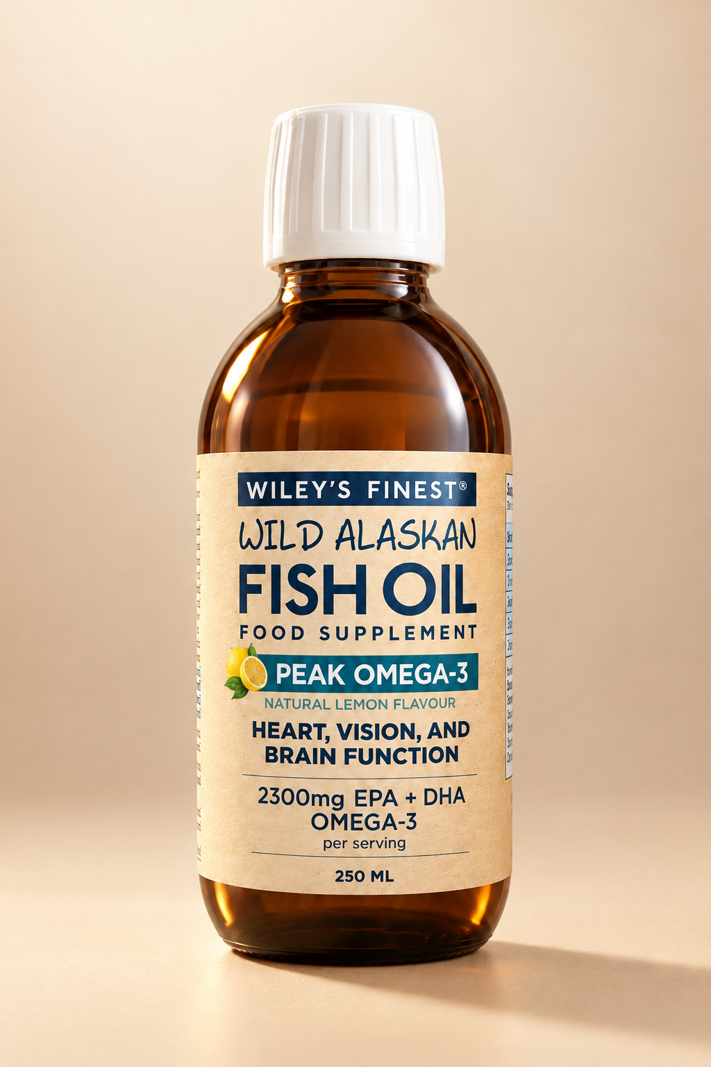 A bottle of Wiley's Finest Wild Alaskan Fish Oil food supplement, Peak Omega-3, with a white cap and a brown label, held in a hand against a blurred indoor background.