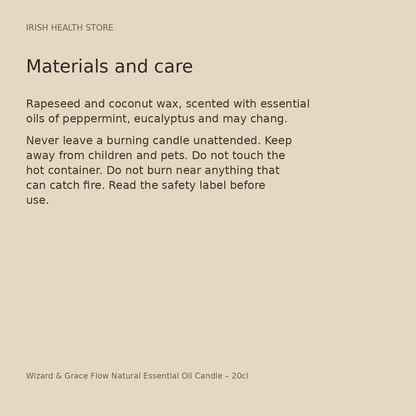 Wizard & Grace Flow Natural Essential Oil Candle – 20cl materials and care