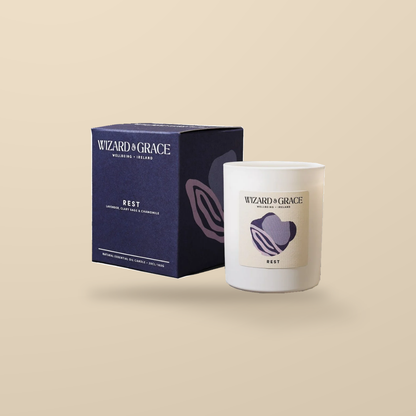 Wizard & Grace Rest Natural Essential Oil Candle – 20cl — product and original packaging