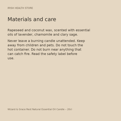 Wizard & Grace Rest Natural Essential Oil Candle – 20cl materials and care
