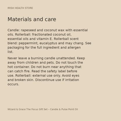 Wizard & Grace The Focus Gift Set – Candle & Pulse Point Oil materials and care