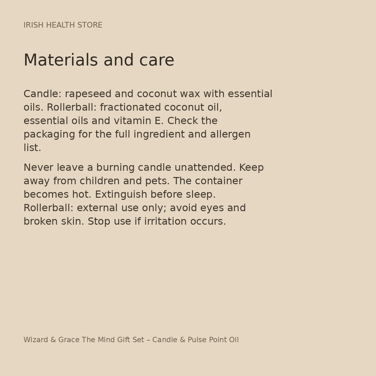 Wizard & Grace The Mind Gift Set – Candle & Pulse Point Oil materials and care