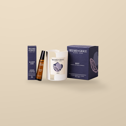 Wizard & Grace The Rest Gift Set – Candle & Pulse Point Oil — product and original packaging