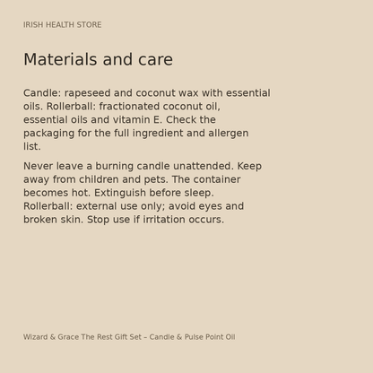 Wizard & Grace The Rest Gift Set – Candle & Pulse Point Oil materials and care