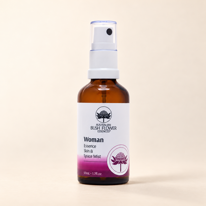 Australian Bush Flower Woman Organic Space Mist 50ml on a warm beige background