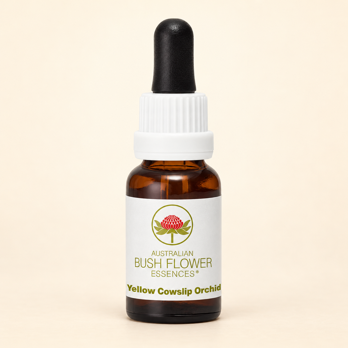 Australian Bush Flower Yellow Cowslip Orchid Stock Essence – 15ml on a warm beige background