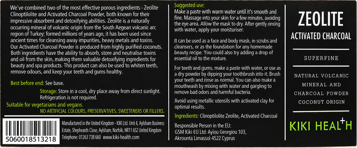 Kiki Zeolite with Activated Charcoal Powder – 60g — complete readable product label