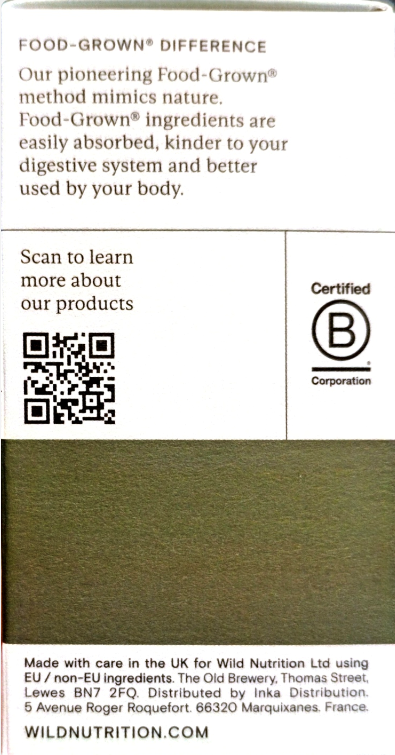 Back of a Wild Nutrition food package showing text about Food-Grown® ingredients and a large olive-green product swatch on a white background.